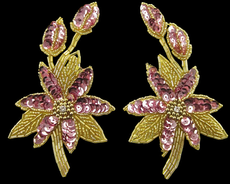 Flower Pair with Pink Sequins and Beads and Rhinestone 5.5" x 3"