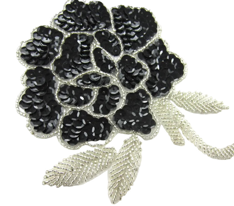 Flower Rose Black and Silver Sequins and Beads 6" x 5"