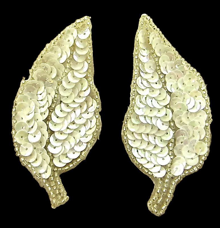 Leaf Pair with White Sequins and Silver Beads 2" x 3.5"