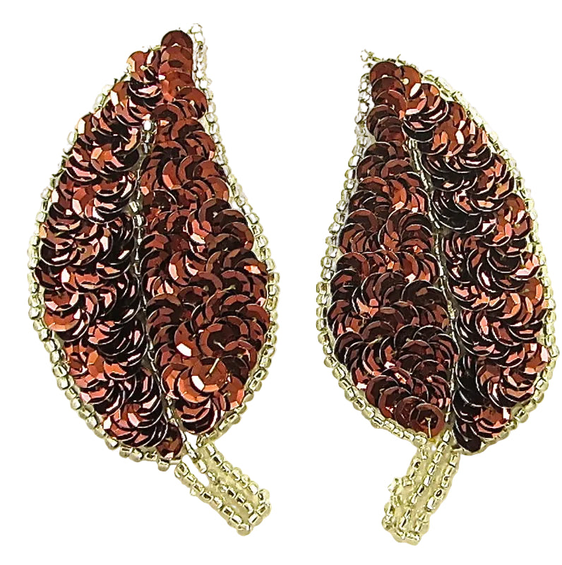 Leaf Pair with Bronze Sequins and Silver Beads 3.5" x 2"