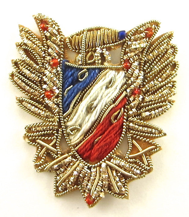 Embroidered Gold Bullion Emblem Patch with Gold Bullion Threads and Red, White and Blue Embroidery and Glass Beads 2.25" x 2.5"