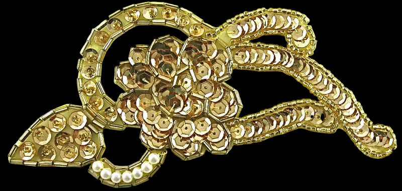 Flor de adorno con lentejuelas y cuentas doradas y perlas 2.5" x 5"