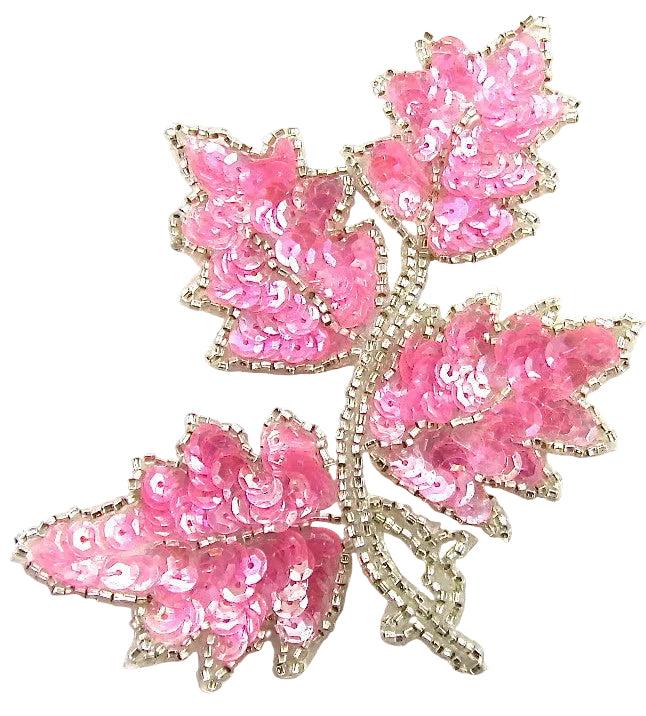 Leaf Single with Brilliant Pink Iridescent Sequins Silver Beads 4" x 3"