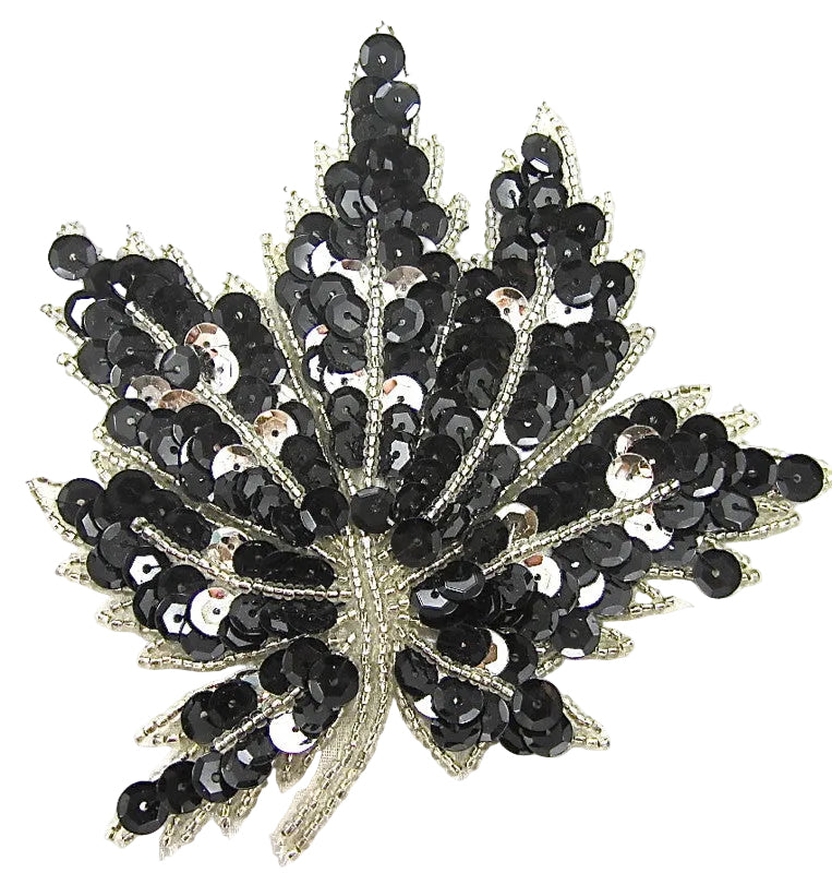 Leaf with Silver and Black Sequins and Silver Beads 5" x 4.5"