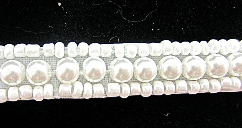 Trim with Three Rows White Bead and Pearls 1.2" wide