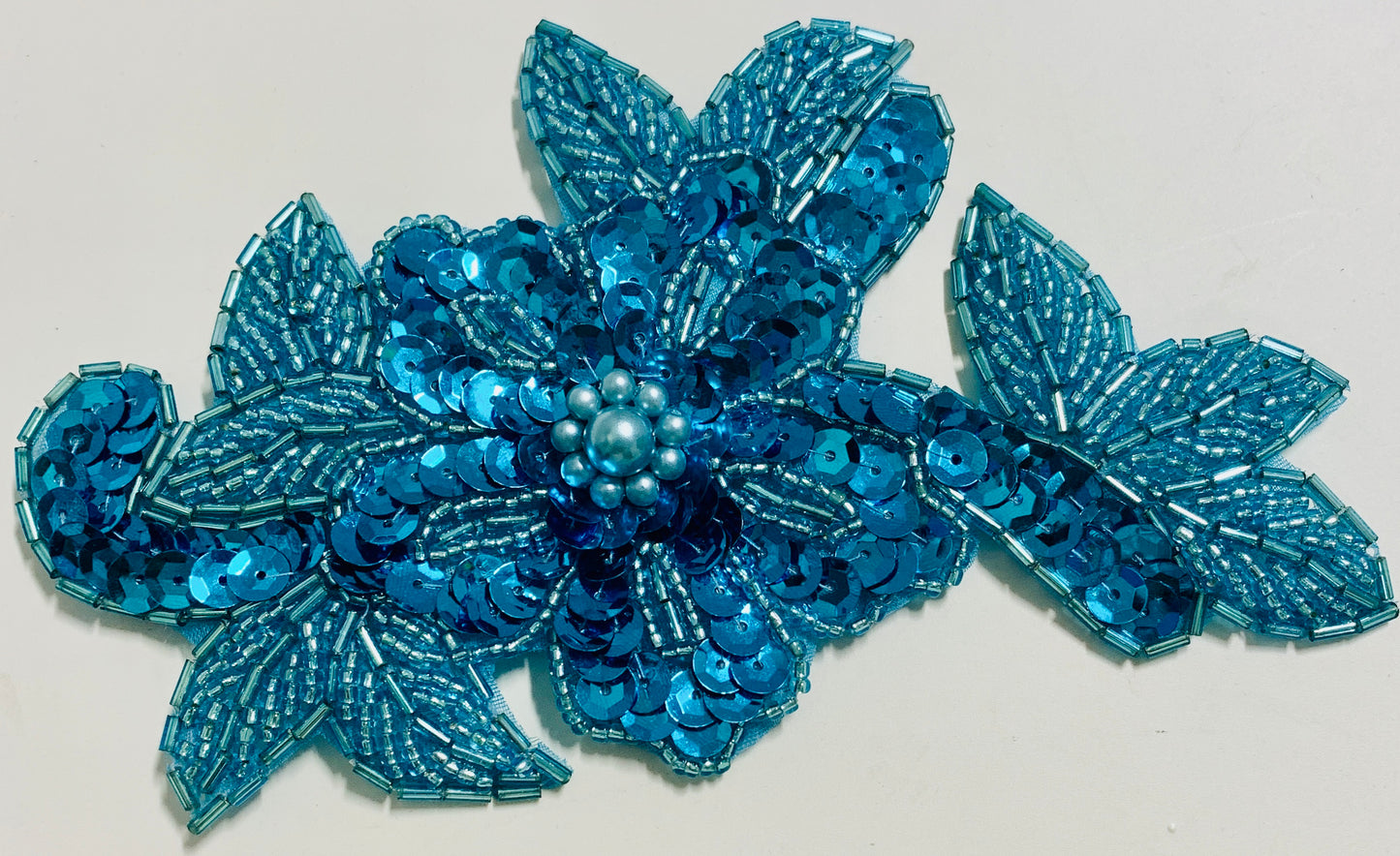 Designer Flower Motif with Turquoise Sequins and Beads 4" x 5.5"