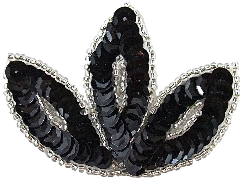 Leaf - Three Points Black Sequins - Silver Beads 2.5" x 2"