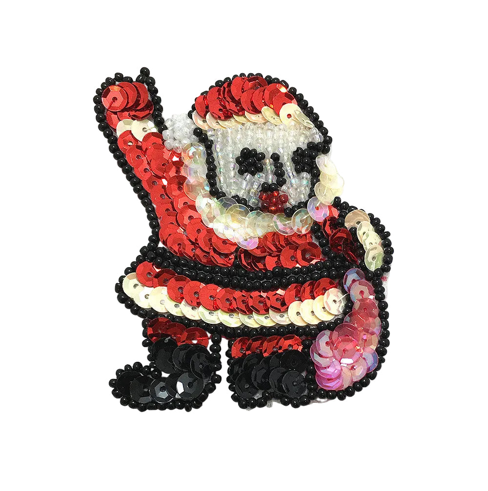 Santa Waving with Bag of Toys Black, Red, White Sequin Beaded 3" x 2.25"