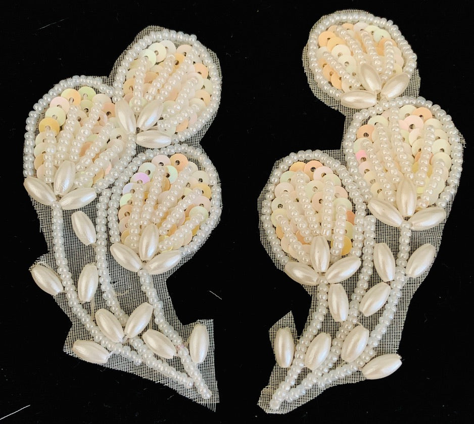 Par de flores - Lentejuelas y abalorios blancos 3.5" x 1.5"