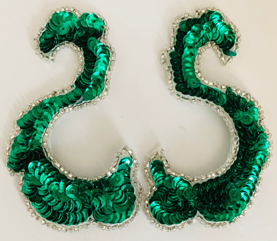 Designer Motif Swirl “S Shaped” Pair with Emerald Green Sequins and Silver Beads 2.5" x 4"
