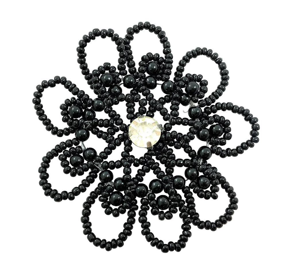 Flower - Black Beads on Wire - Rhinestone Center 2.5"