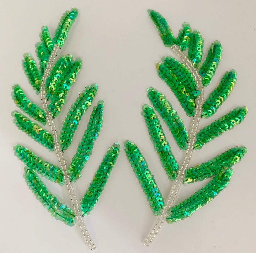 Leaf Pair Appliqués with Lime Green Iridescent Sequins and Silver Beads 7" x 3"