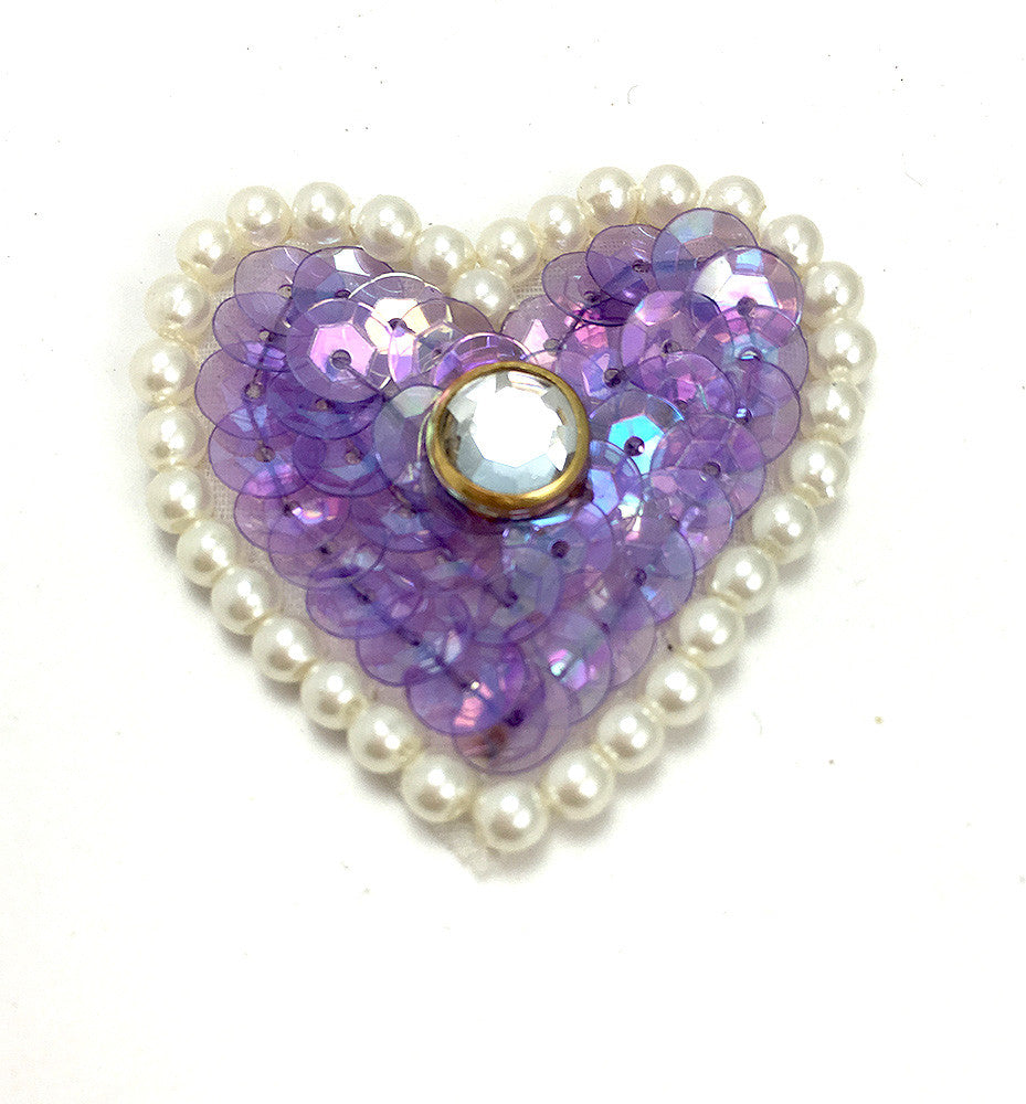 Aplicación de corazón - Elección de color Corazón de lentejuelas doradas/moradas - Cuentas de perlas - Centro de piedra transparente de 4.45 cm x 4.45 cm