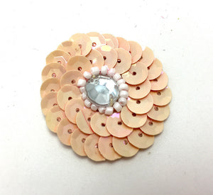 Circle Dot with Beige Sequins, White Beads and Center Clear Stone 1.25"