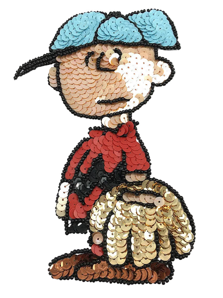 Niño de dibujos animados con guante de béisbol, lentejuelas multicolor, 6" x 3.75”