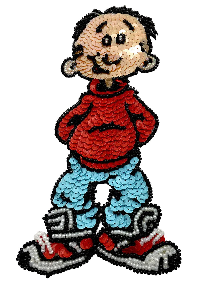 Niño de caricatura con zapatillas de tenis y camiseta roja, lentejuelas y cuentas multicolor 7.25” x 3.5”