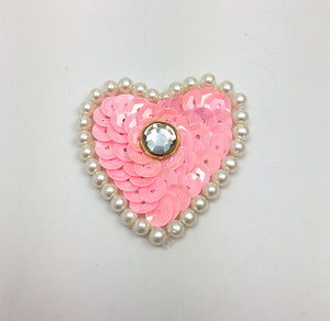 Choice of Color Heart with Sequins, White Pearls and Center Gem 1.5"