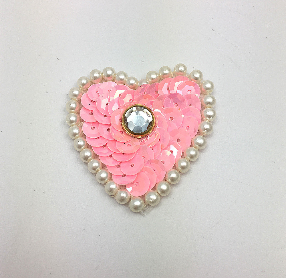 Choice of Color Heart with Sequins, White Pearls and Center Gem 1.5