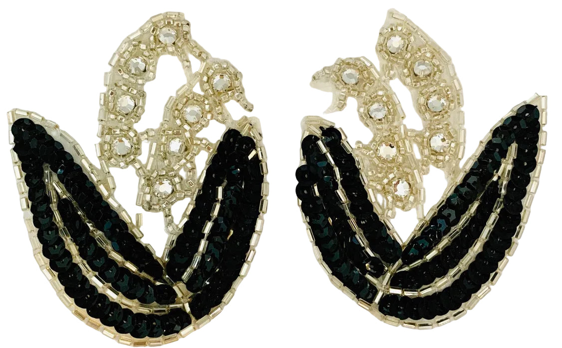 Flower Pair with Black Sequins Silver Beads and Rhinestones 2.5" x 3.5"