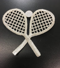 Load image into Gallery viewer, Tennis Racquets Crossed, Metallic Silver Embroidered Iron-On 3&quot;