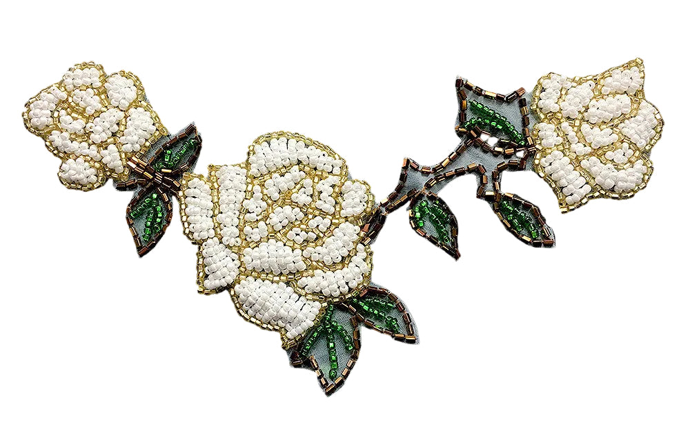 Rosas con cuentas blancas, doradas, bronce y verdes de 14 x 14 cm