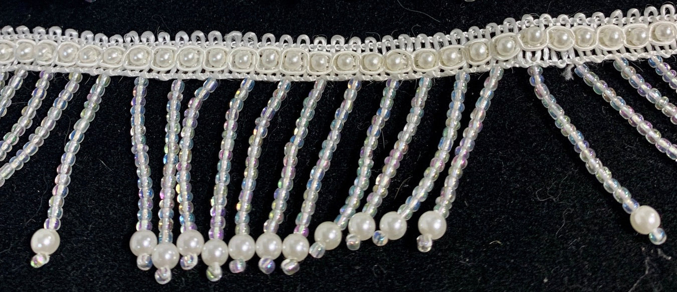 Trim Fringe with Iridescent Beads and White Pearls 1.5" Wide