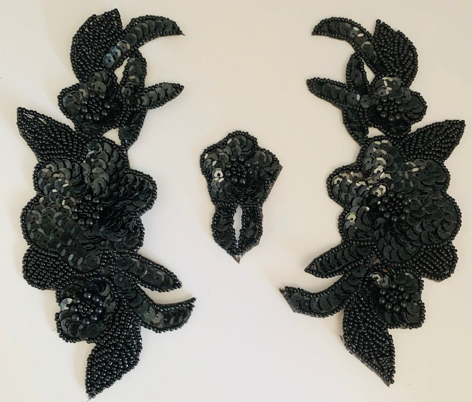 Cuello floral de lentejuelas y cuentas negras, se vende por pares o individualmente, 33 cm x 18 cm