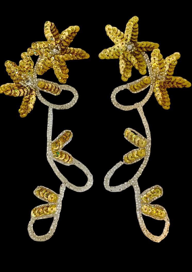 Flower Pair with Gold Lazer Sequins and Silver Beads and Rhinestones 8.3" x 2.5"