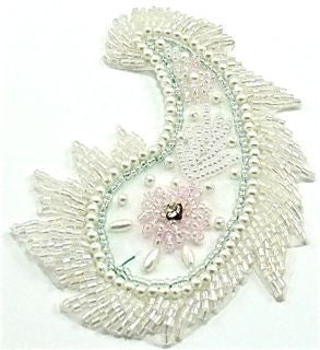 Designer Motif Paisley White, Pink and Pearl Beads with Rhinestone 4" x 3"