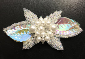 Designer Leaf with Iridescent Sequins, Beads and Center White Pearl Cluster 1.5" x 3"