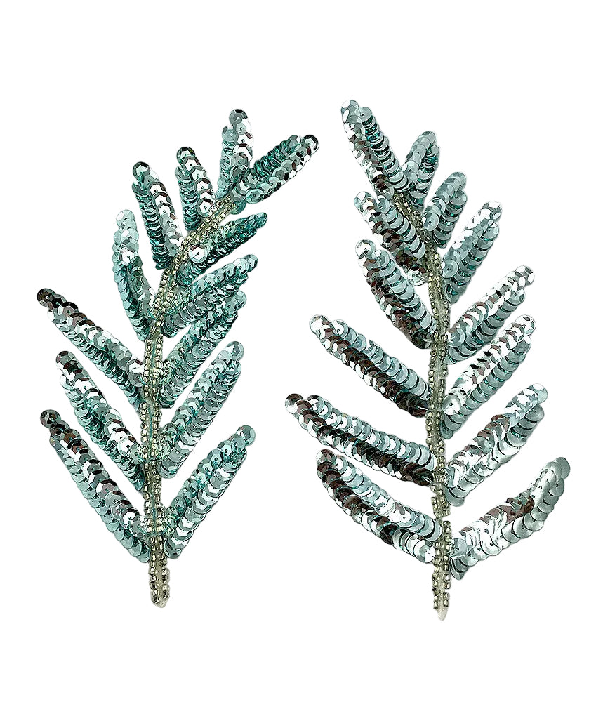 Leaf Pair Ice Blue Sequins and Silver Beads 6" x 3"