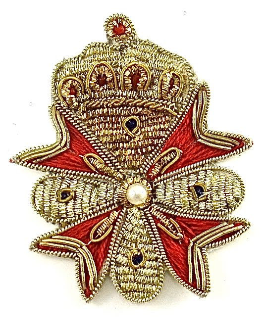 12 PACK Embroidered Bullion Metalic Patch with Gold and Silver Bullion Thread with Red Embroidery and Red and Blue Beads 3" x 2.5"