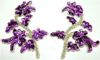 Par de Flores con Lentejuelas Moradas y Cuentas Plateadas 5" x 3.5"