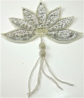 Epaulet Leaf - Silver Sequins - Silver Beads -Tassel 8" x 6"