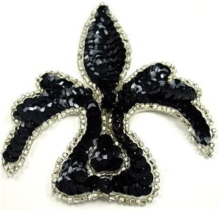 Motivo de diseño con lentejuelas negras y ribete de cuentas plateadas de 10,16 cm x 8,26 cm