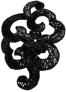 Designer Motif Flower Black Sequins Beads and Rhinestone 4" x 6.5"