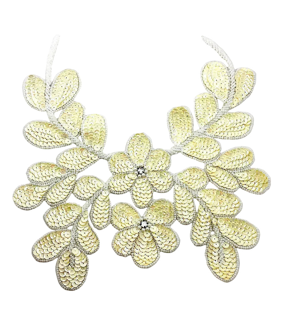 Designer Motif Flower Neckpiece- Beige Sequins - White Beads - Acrylic Rhinestones 10" x 9"