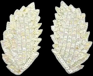 Leaf Pair with Cream Sequins with White Beads 5" x 2.5"