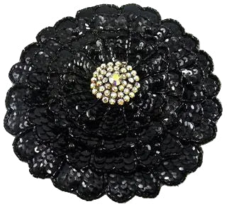Flor de tres capas con lentejuelas negras, cuentas y pedrería AB de 5.5"