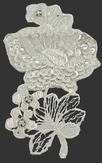 Flower - White Embroidery - White Sequins - Rhinestones 5.5” x 3.5"