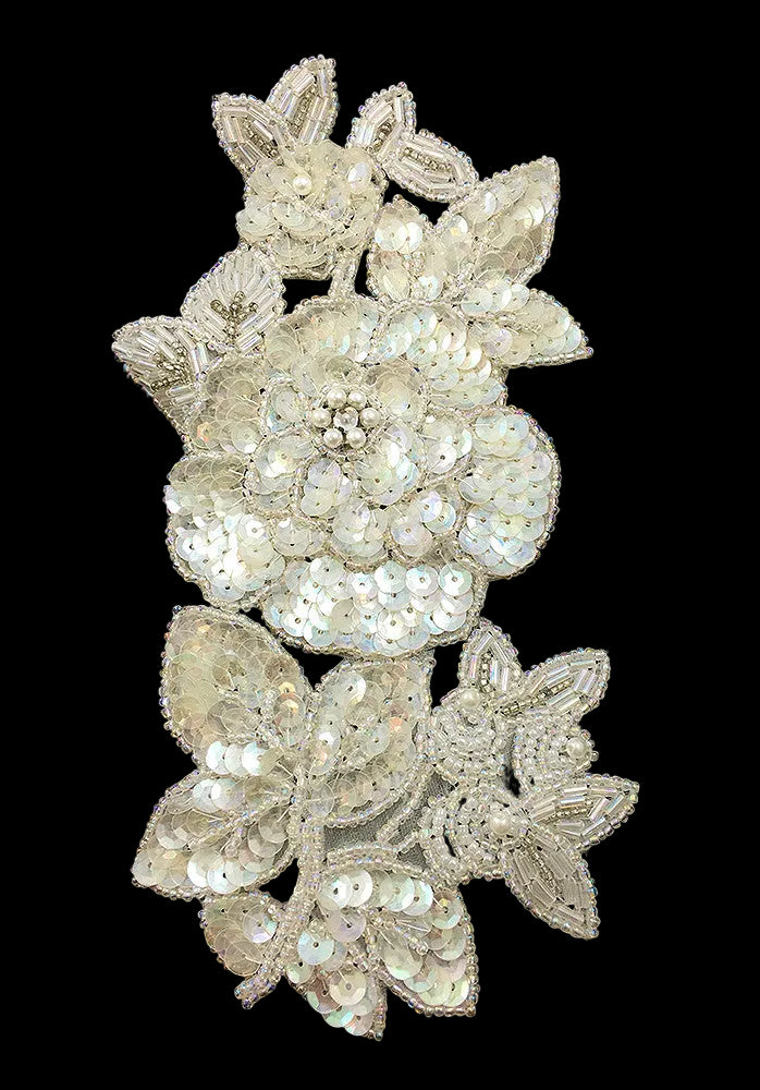 Flower - Iridescent Sequins/Beads - White Pearl Cluster/Rhinestone Center 7.5" x 4.25”