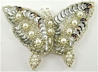 Butterfly with Silver Sequins, Beads and Pearls 3.5" x 2.5"