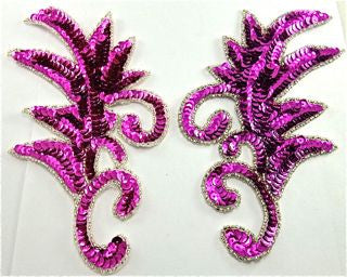 Design Motif - Pair - Fuchsia Sequins - Silver Beads 7.5" x 4"