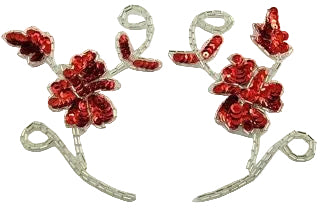 Flower Pair with Red Sequins and Silver Beads 4.5"