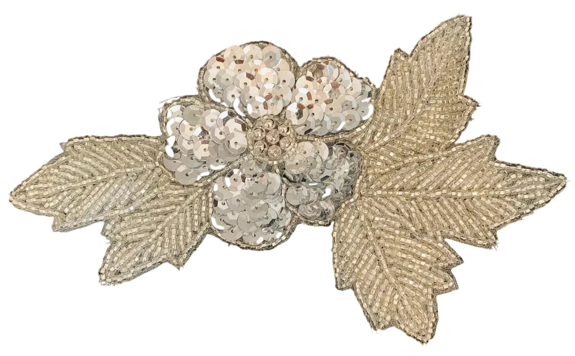 Sequin & Bead Flower Appliqué – 6" x 4" | Choice of Gold or Silver