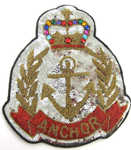 Anchor Patch with Silver Gold Red Sequins and Beads 11" x 9" - Sequinappliques.com