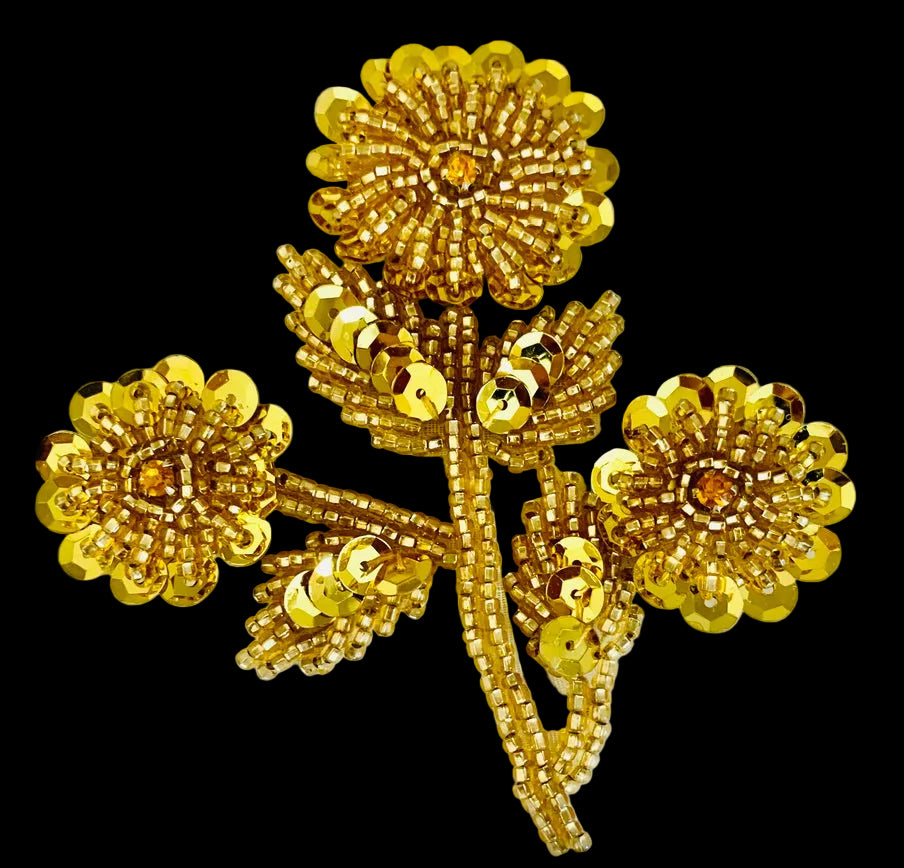Flower with Gold sequins Silver Beads and Rhinestones 3.5" x 3.5"