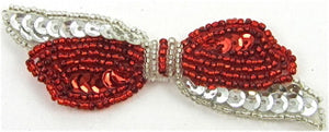 Bow Red Beads Silver Sequins 3.5" x 2"