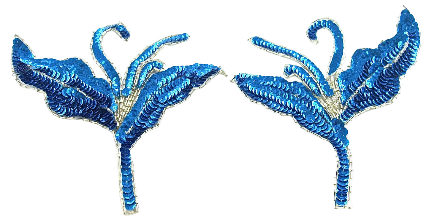 Flower Pair with Blue Sequins and Silver Beads 7" x 6"