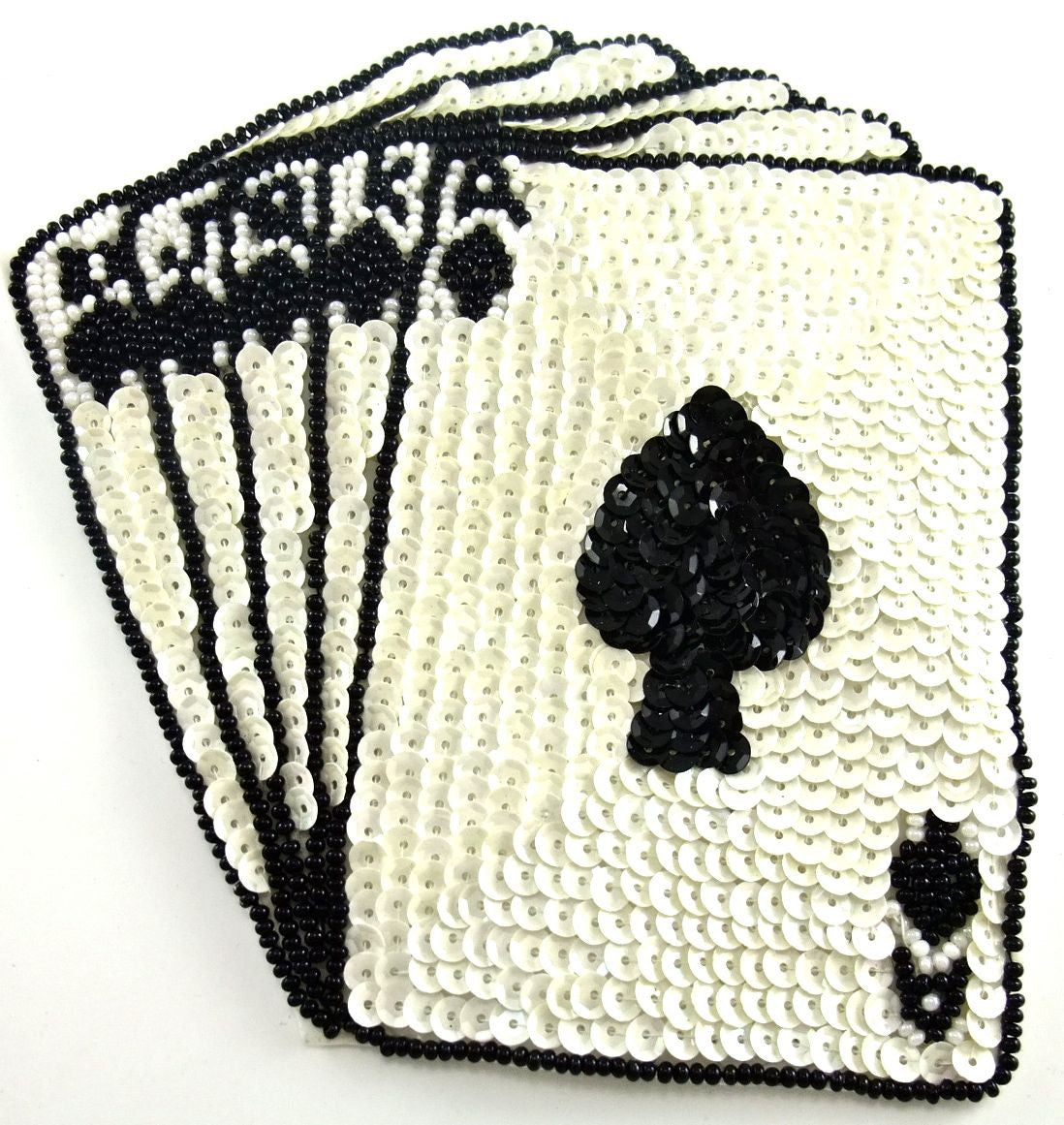 Juego de cartas de picas con escalera real de as - Lentejuelas color marfil - Cuentas de cristal negras de 12.7 cm x 15.24 cm
